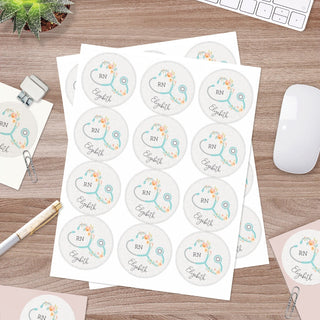 Floral Stethoscope Personalized Round Stickers - Set of 48