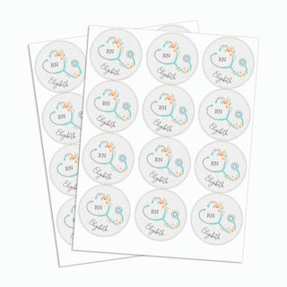 Floral Stethoscope Personalized Round Stickers - Set of 48