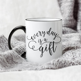 Everyday Is A Gift White Coffee Mug with Black Rim and Handle-11oz