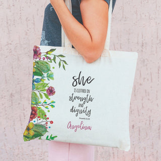 She Is Clothed In Strength And Dignity Personalized Tote Bag