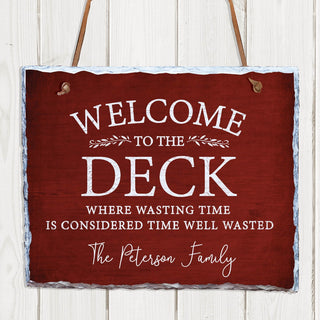 Red Welcome To The Deck Personalized Hanging Slate Sign