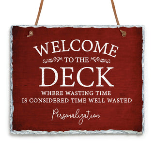 Red Welcome To The Deck Personalized Hanging Slate Sign