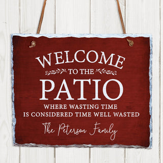 Red Welcome To The Patio Personalized Hanging Slate Sign