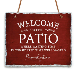 Red Welcome To The Patio Personalized Hanging Slate Sign