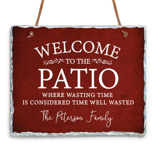 Red Welcome To The Patio Personalized Hanging Slate Sign
