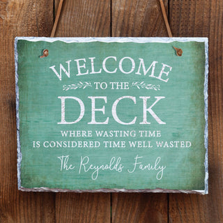 Teal Welcome To The Deck Personalized Hanging Slate Sign
