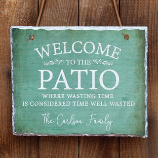 Teal Welcome To The Patio Personalized Hanging Slate Sign