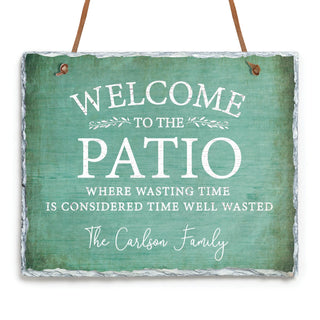 Teal Welcome To The Patio Personalized Hanging Slate Sign