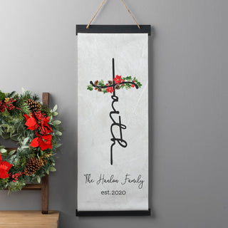 Poinsettia Faith Cross Personalized Hanging Canvas