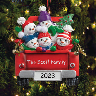 Snowman Family in Red Truck Personalized Ornament
