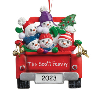 Snowman Family in Red Truck Personalized Ornament