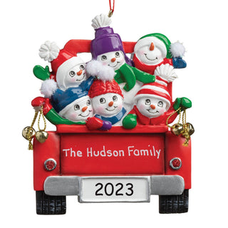 Snowman Family in Red Truck Personalized Ornament