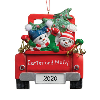 Snowman Family in Red Truck Personalized Ornament