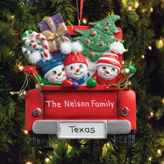 Snowman Family in Red Truck Personalized Ornament