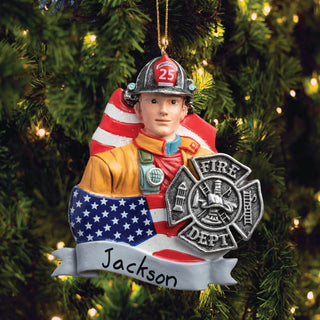 Fireman With Badge & American Flag Personalized Ornament