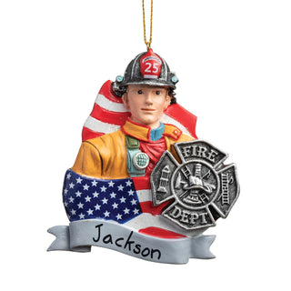 Fireman With Badge & American Flag Personalized Ornament