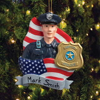 Police Officer With Badge & American Flag Personalized Ornament