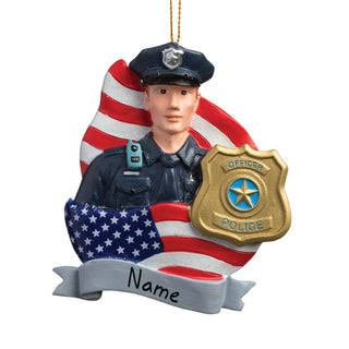 Police Officer With Badge & American Flag Personalized Ornament
