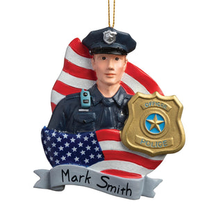 Police Officer With Badge & American Flag Personalized Ornament