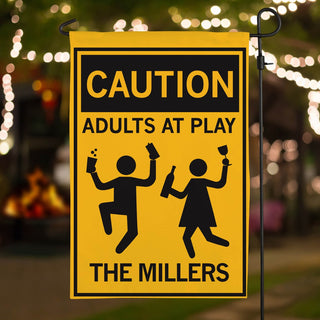 Caution Adults At Play Personalized Garden Flag