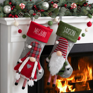 Striped Gnome Personalized Stocking With Green Cuff