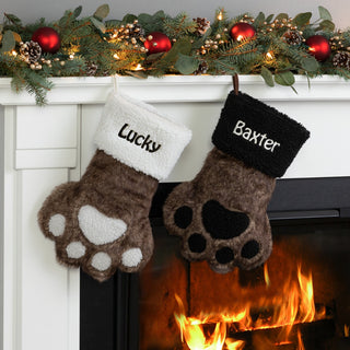 Dark Brown Fur Paw With Ivory Sherpa Cuff Personalized Stocking