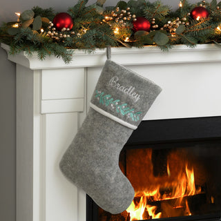 Gray Heathered Fleece With Embroidered Mistletoe Personalized Stocking