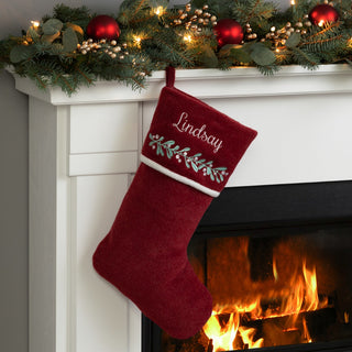 Burgundy Heathered Fleece With Embroidered Mistletoe Personalized Stocking