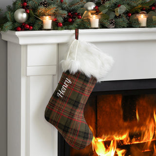 White Fur Cuffed Green Plaid Personalized Stocking