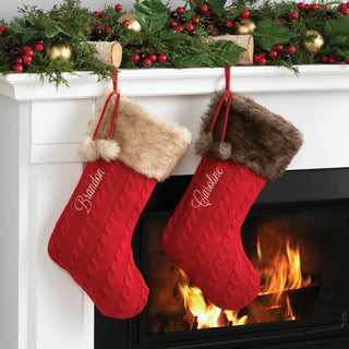 Tan Fur Cuffed Red Knit Personalized Stocking