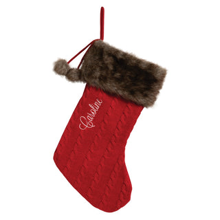 Dark Brown Fur Cuffed Red Knit Personalized Stocking