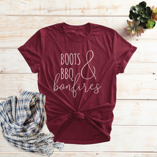 Boots BBQ & Bonfires Ladies' Burgundy T-Shirt