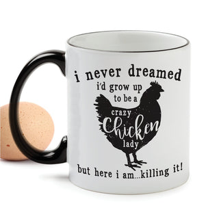 Crazy Chicken Lady White Coffee Mug with Black Rim and Handle-11oz