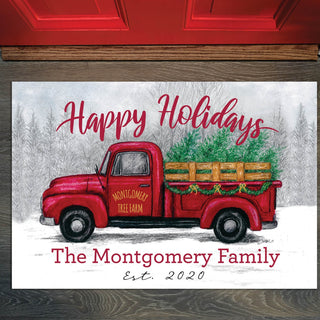 Happy Holidays Tree Farm Truck Personalized Thin Doormat