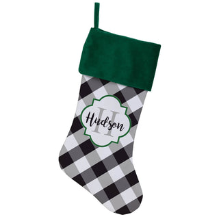 Black And White Gingham Personalized Green Cuff Stocking