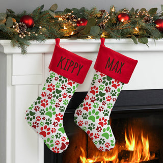 Red & Green Paw Prints With Red Cuff Personalized Stocking