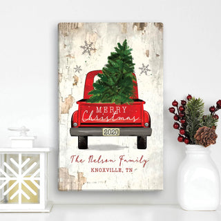 Red Truck Merry Christmas Personalized 10x16 Canvas