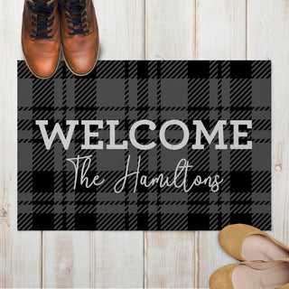 Black and Gray Plaid Welcome Personalized Doormat - 18x27 Inch, 1/8" Thin