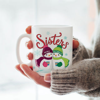Two Snowmen Sisters Personalized White Coffee Mug - 11 oz.
