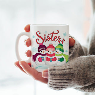 Three Snowmen Sisters Personalized White Coffee Mug - 11 oz.