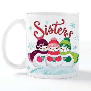 Three Snowmen Sisters Personalized White Coffee Mug - 11 oz.