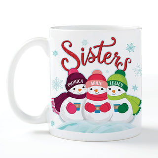 Three Snowmen Sisters Personalized White Coffee Mug - 11 oz.