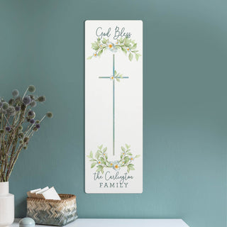 God Bless Family Cross Personalized 6x18 White Wood Plaque