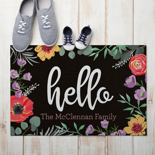 Vibrant Floral Hello Personalized Thin Black Doormat