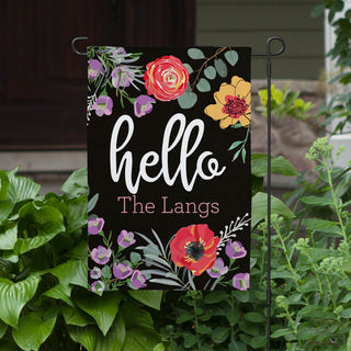 Vibrant Floral Hello Personalized Black Garden Flag