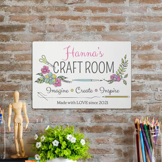 Her Craft Room Personalized White Wood Art Plaque