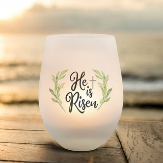 He is Risen Frosted Wine Glass Votive Holder