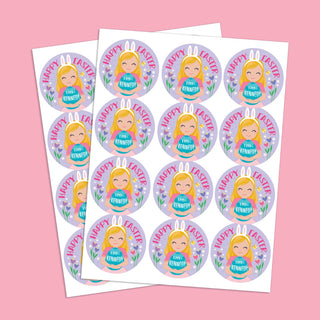 Blonde Hair Light Skin Bunny Girl Personalized Round Stickers - Set of 48