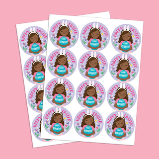 Dark Skin Bunny Girl Personalized Round Stickers - Set of 48