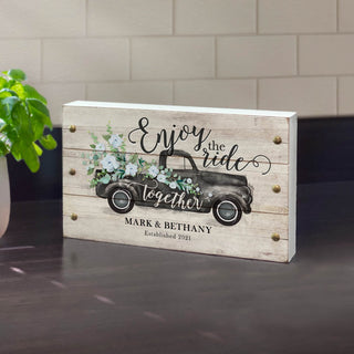 Enjoy The Ride Personalized White Wood Block Sign